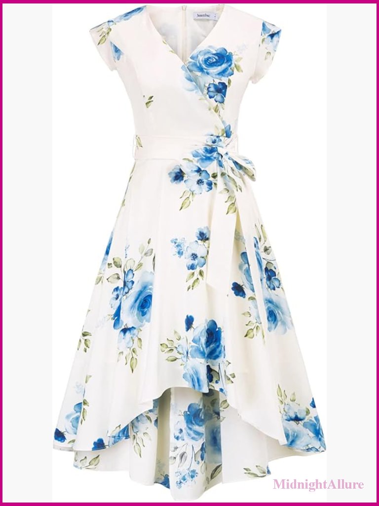 Women's V Neck Floral High Low Midi Dress With Belt